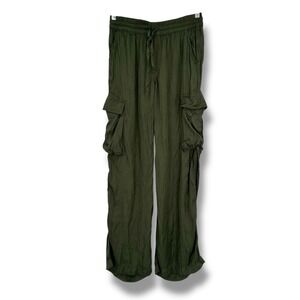 Aerie Olive Green Satin-Like Shine Cargo Pant XS Drawstring Straight Leg Utility